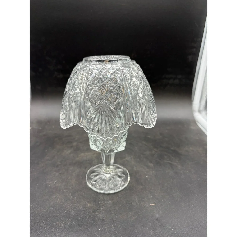 Vintage Crystal Glass Fairy Lamp Candle Holder Diamond Point Cut 2 Piece 6.5in